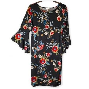 OLIVIA MATTHEWS black floral gold flecks bell sleeves Midi sheath dress, size L